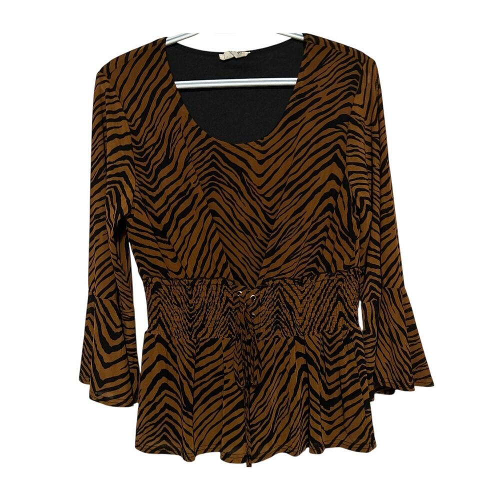 Ember Women's Brown Black Tiger Print Blouse Elastic Waist‎ Bell Sleeves Size XL